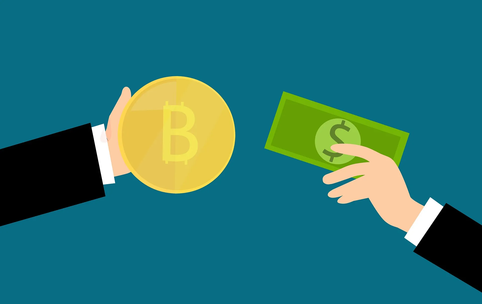 Hands exchanging a Bitcoin coin for a dollar bill, illustrating selling crypto for cash