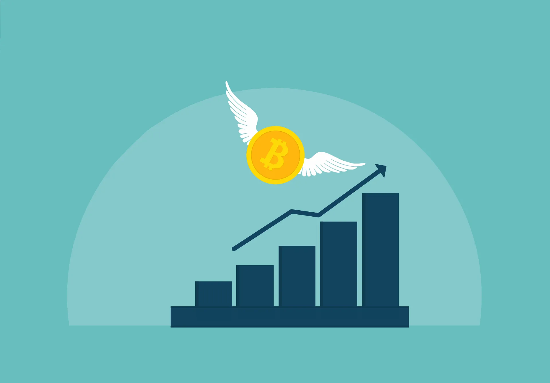 Illustration of a rising Bitcoin price chart with a winged coin above it
