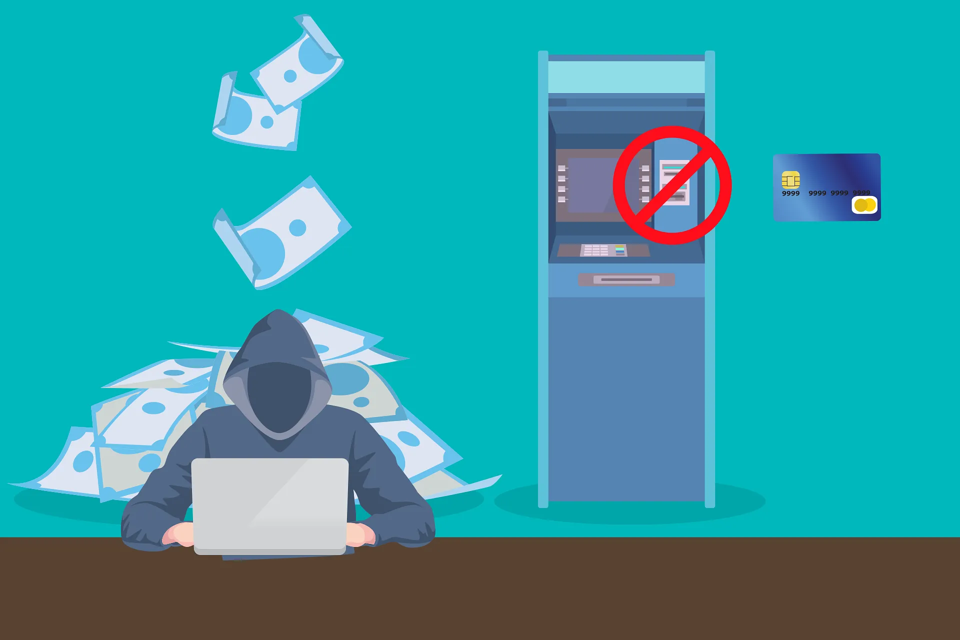 Illustration of a hooded figure at a laptop beside a crossed-out ATM, representing crypto ATM fraud