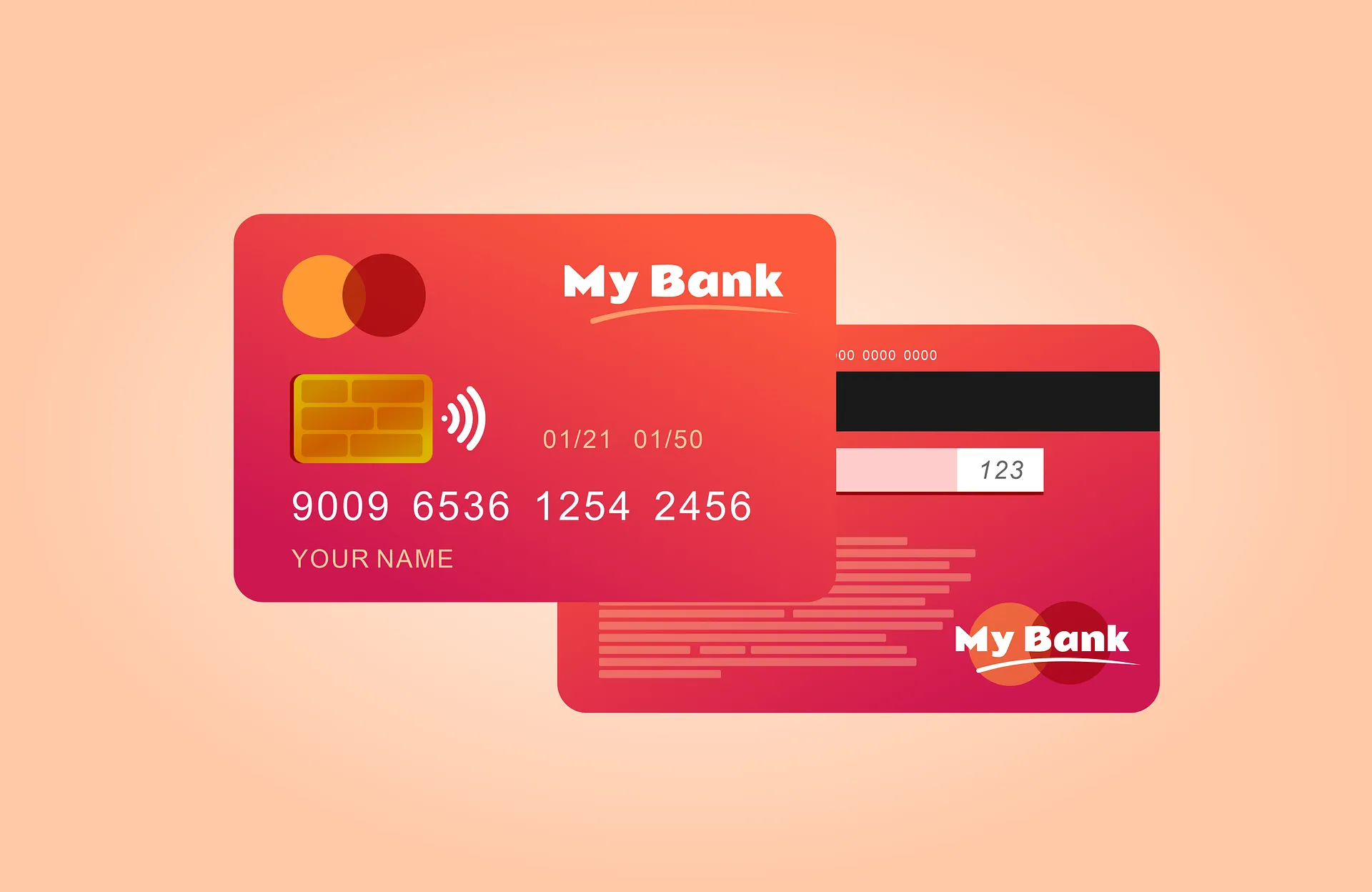 Two payment cards, front and back, on a warm gradient background