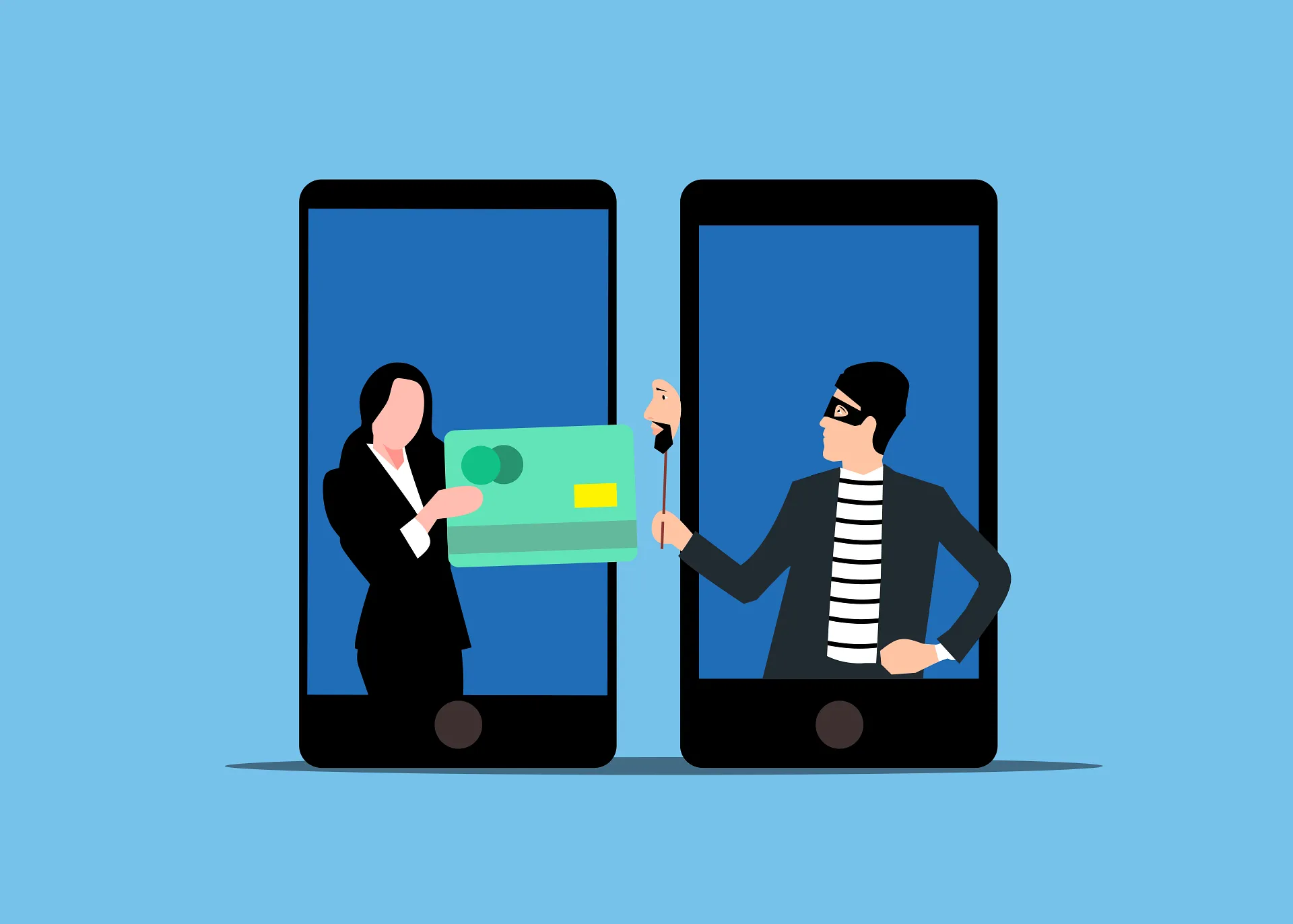 Illustration of a masked figure on one phone screen taking a payment card from a person on another, representing phishing