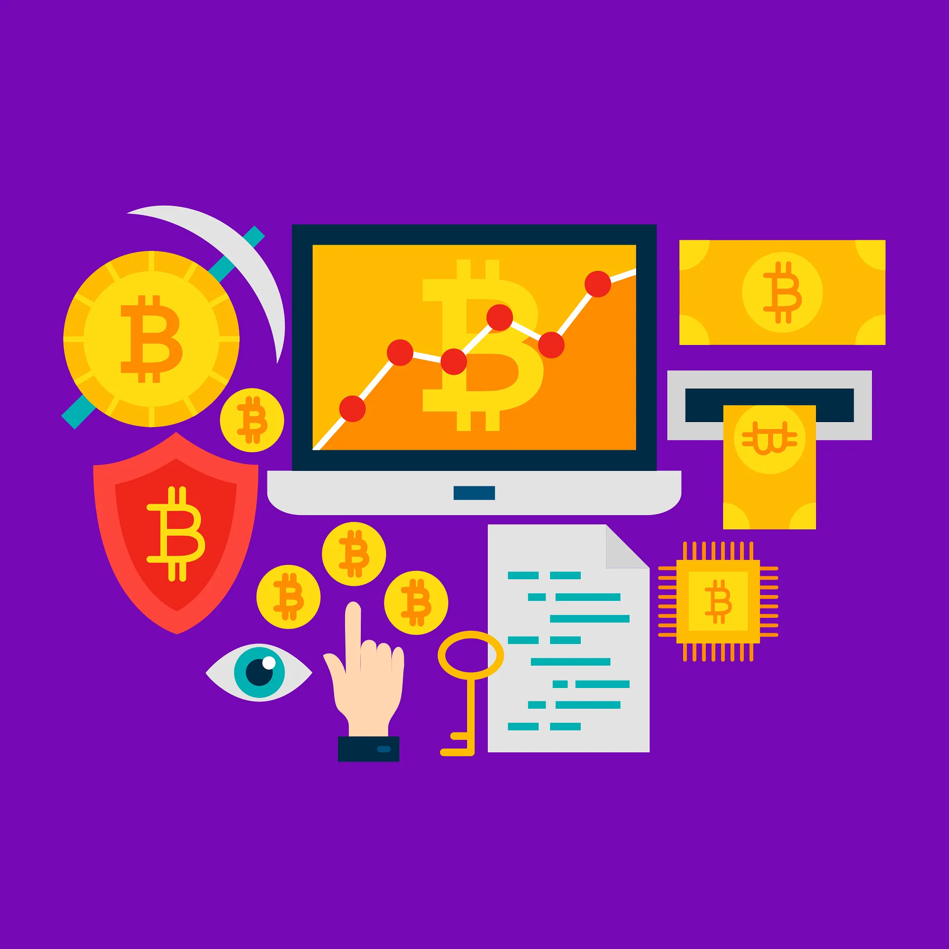 Illustration of cryptocurrency tools: a wallet key, a security shield, a price chart and a cash-dispensing kiosk