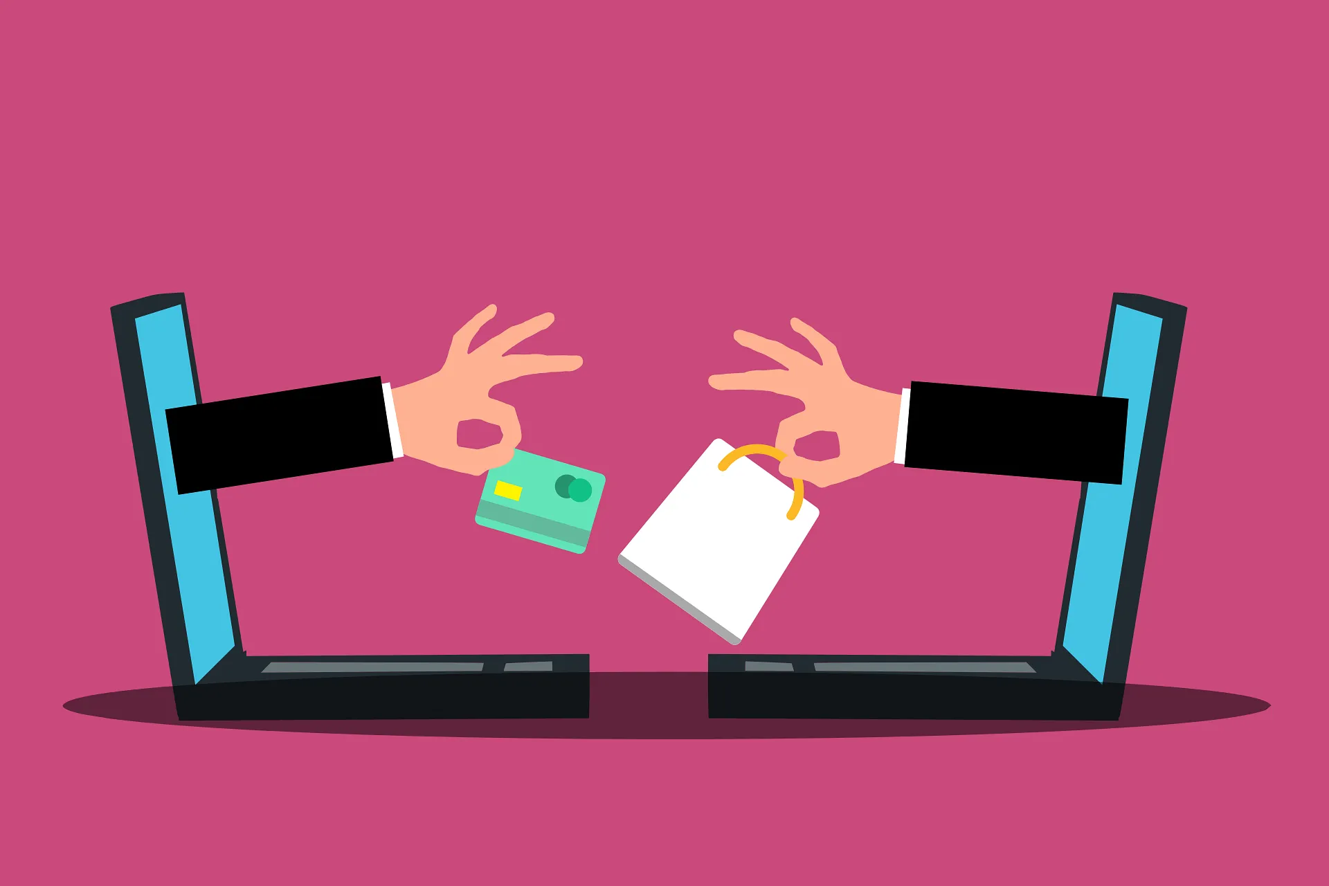 Illustration of one hand passing a payment card and another receiving a shopping bag between two laptops