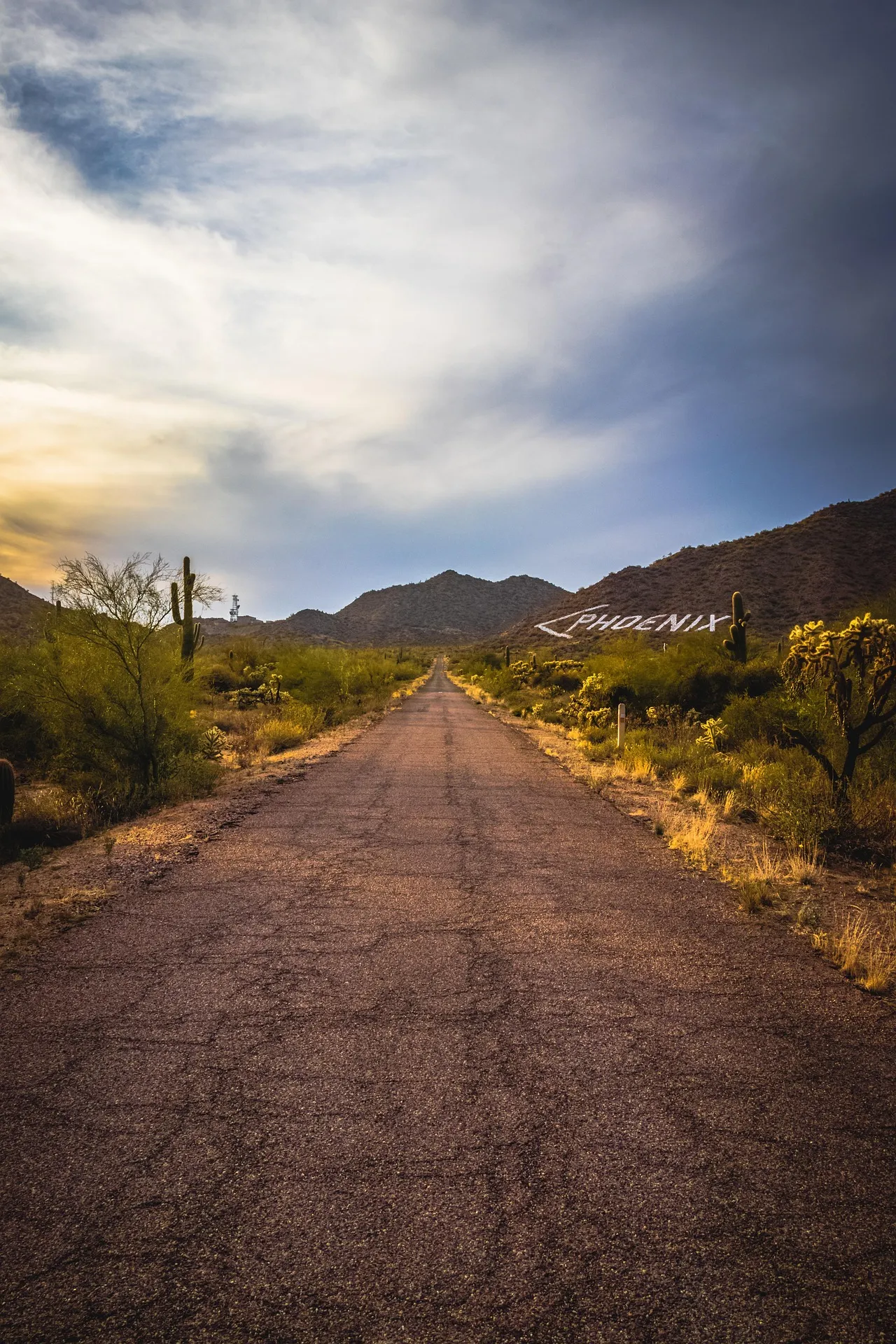 A desert road heading toward the Phoenix mountain sign at sunset