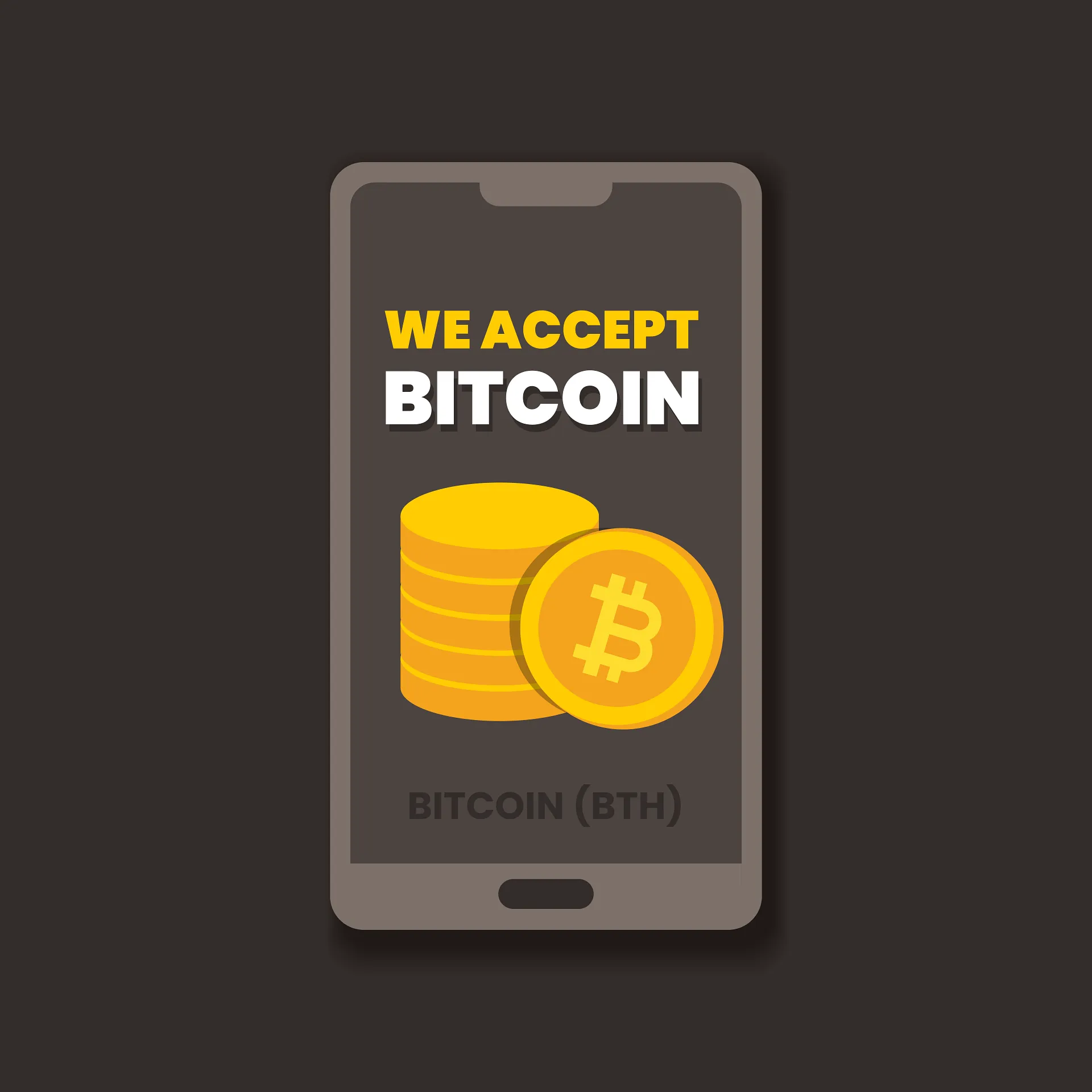 A phone screen displaying a 'We accept Bitcoin' notice with a stack of coins